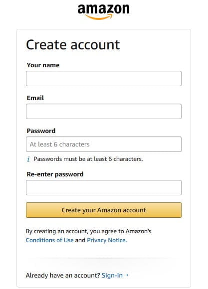 Amazon New Account Form